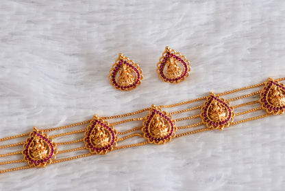 Gold tone AD pink lakshmi choker necklace set dj-51847