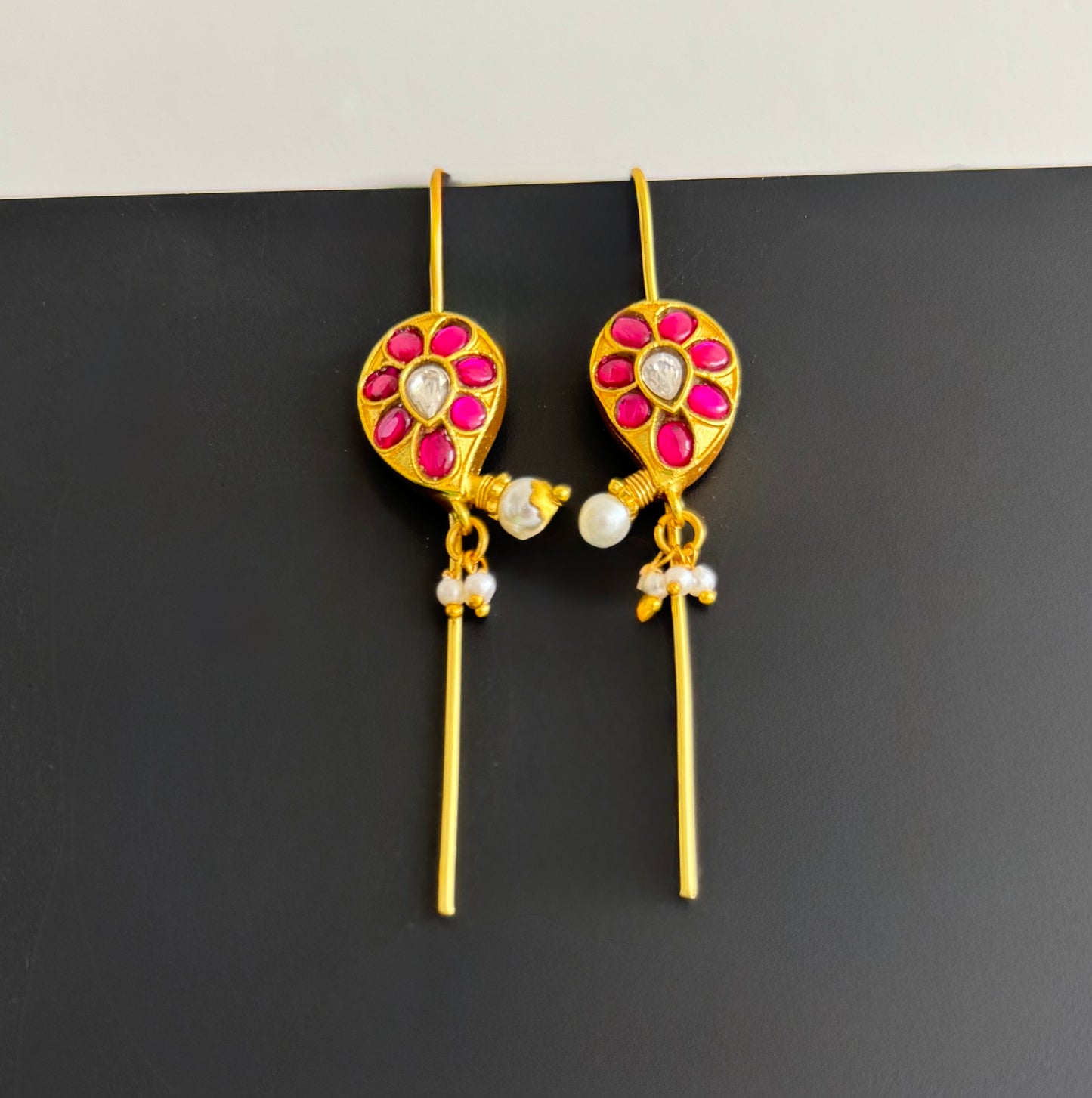 Gold tone pink-white kundan jadau mango bugadi earrings dj-51132
