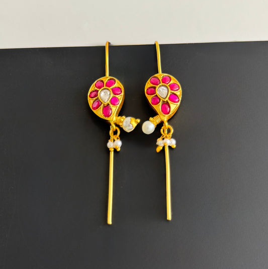 Gold tone pink-white kundan jadau mango bugadi earrings dj-51132