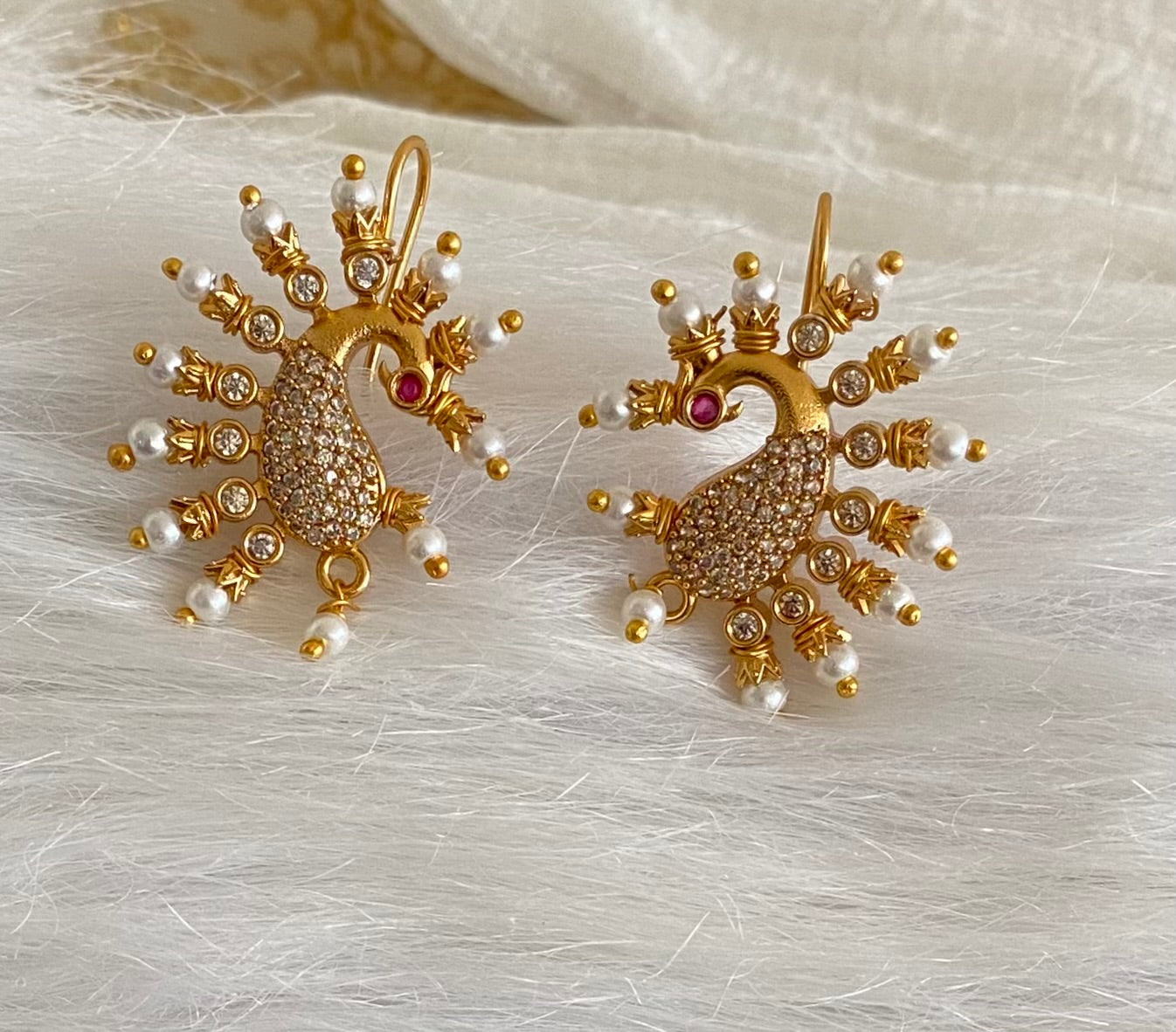 Matte gold white stone pearl peacock bugadi earrings dj-53670