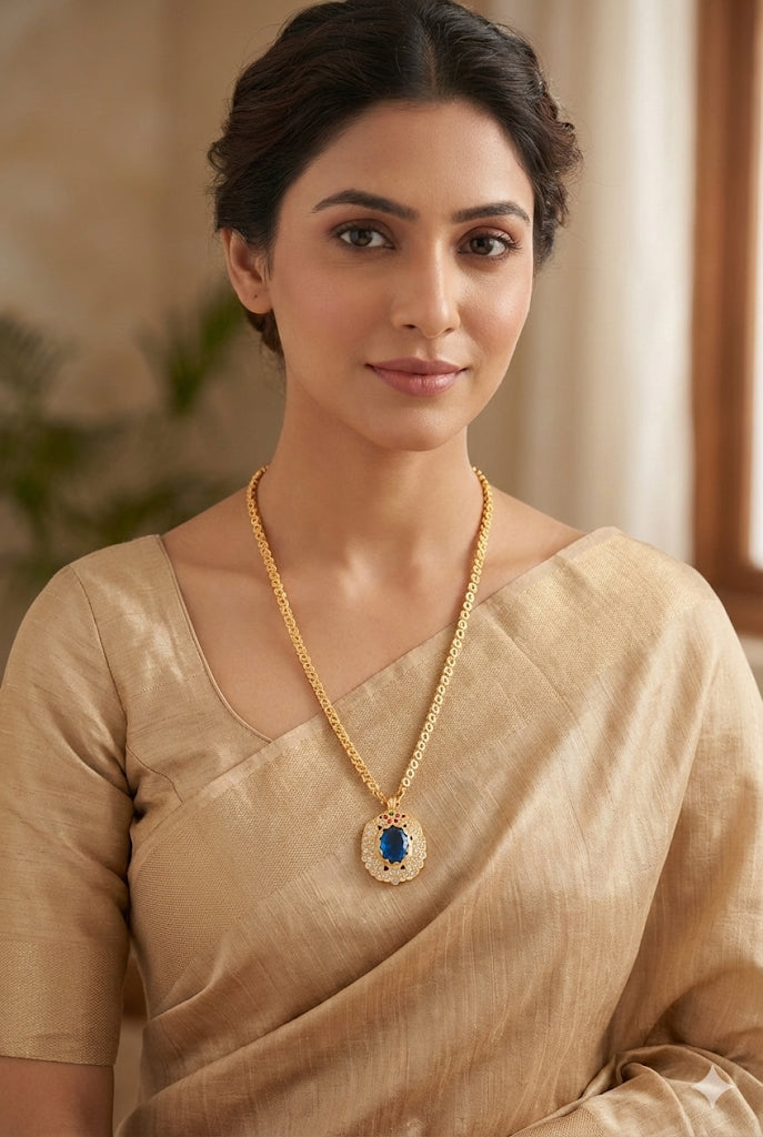 Gold tone 24 chain with sky blue oval stone pendant dj-51914