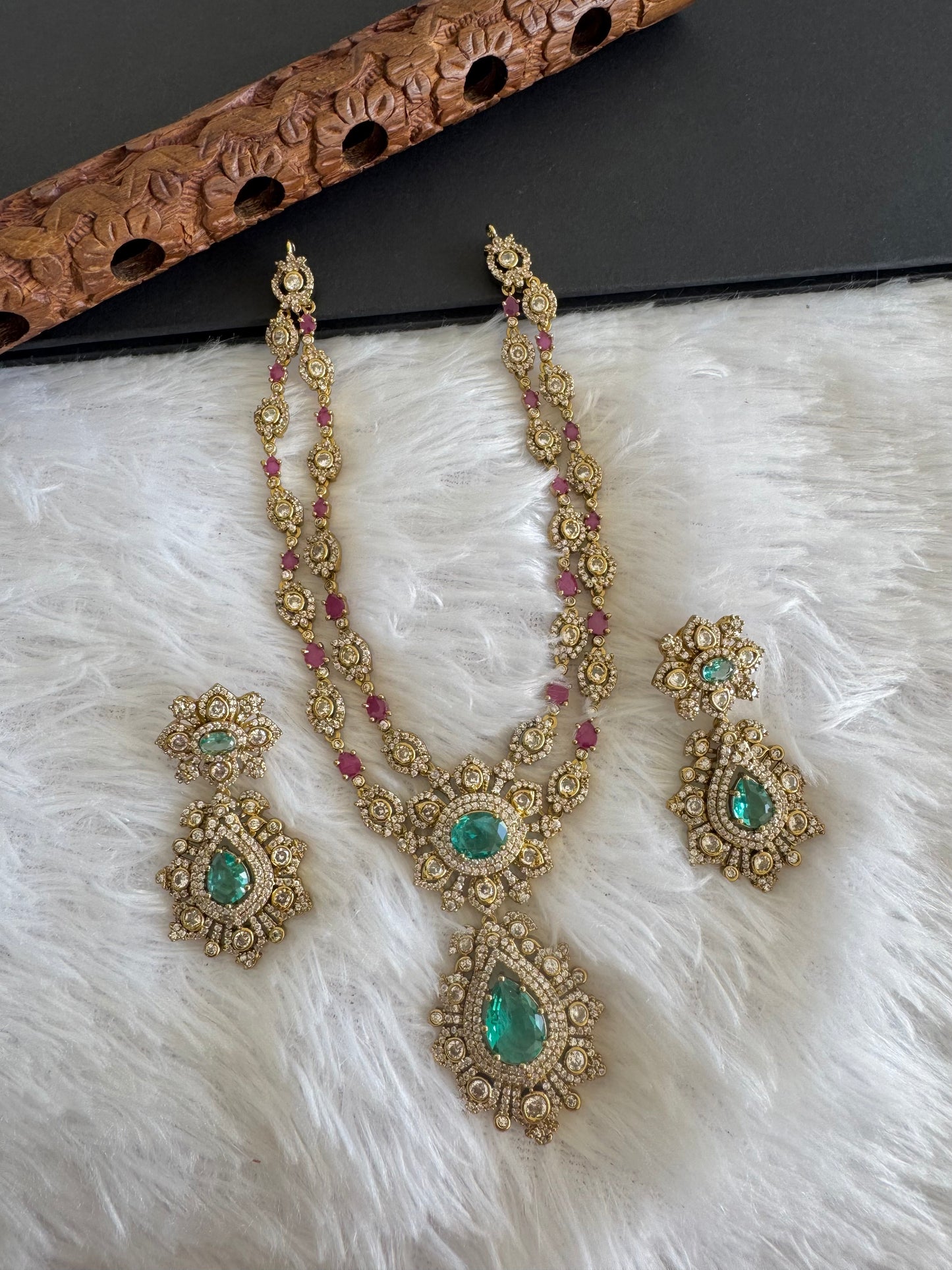Antique gold tone ruby-sea green floral double layer necklace set dj-52128