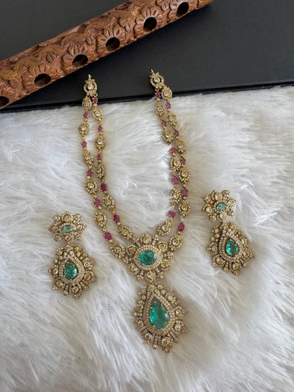Antique gold tone ruby-sea green floral double layer necklace set dj-52128