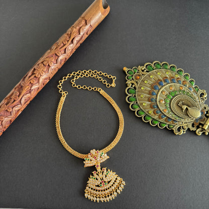 Gold tone South Indian style AD white-ruby-green swan attigai/necklace dj-52213