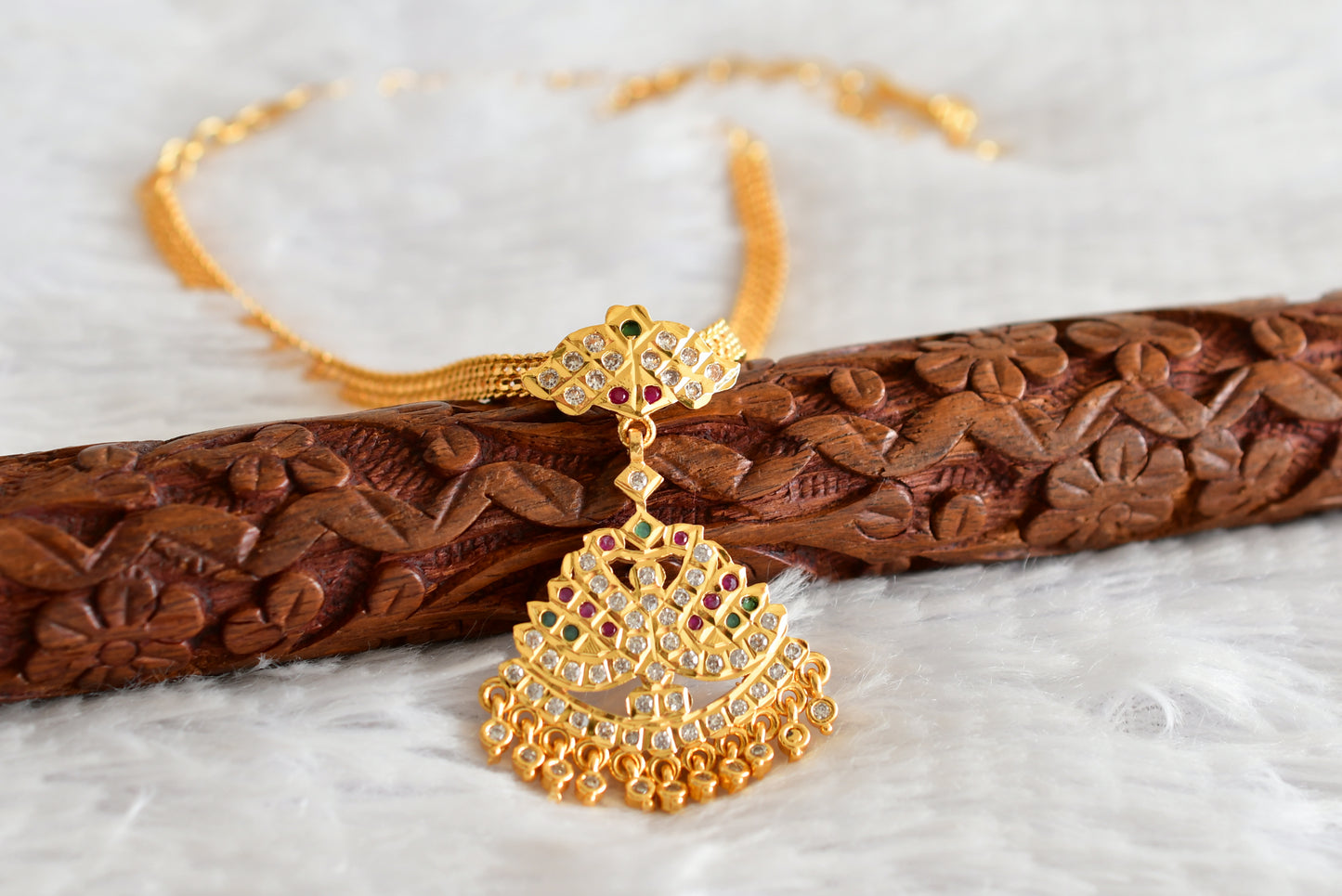 Gold tone south indian AD pink-green-white swan attigai/necklace dj-51893