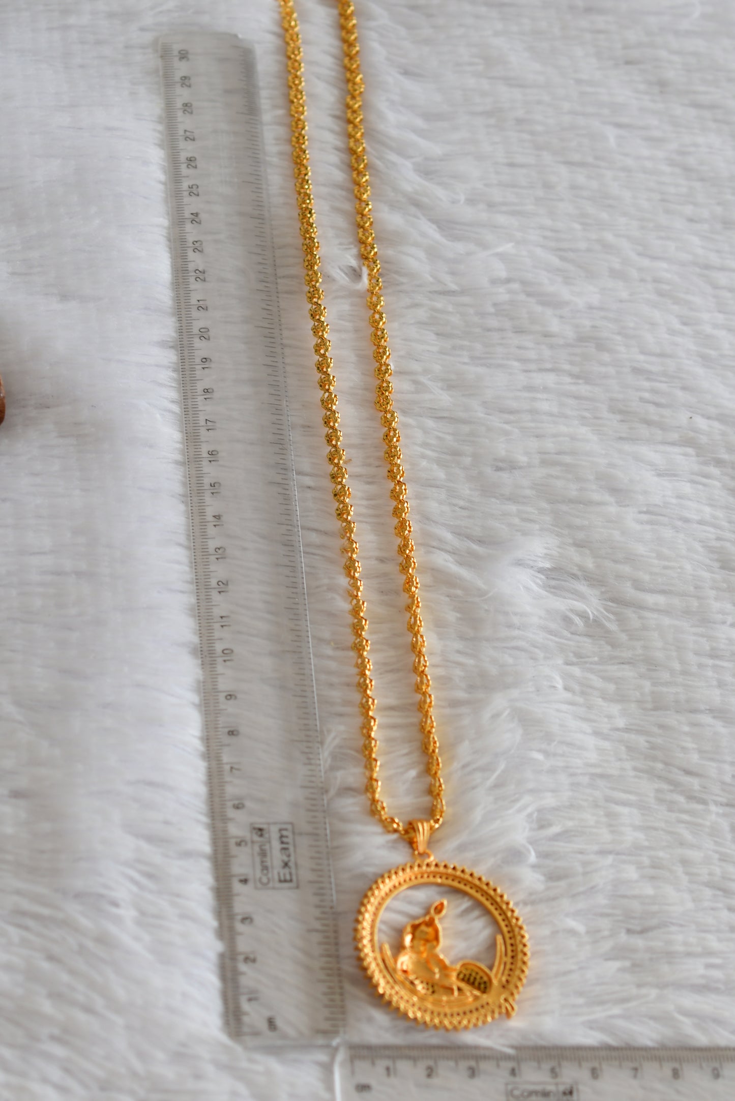 Gold tone 24 inches chain with ruby-green-white krishna round pendant dj-51917