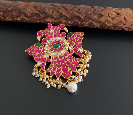 Gold tone pink-green-white kundan jadau ganda berunda pendant dj-52706
