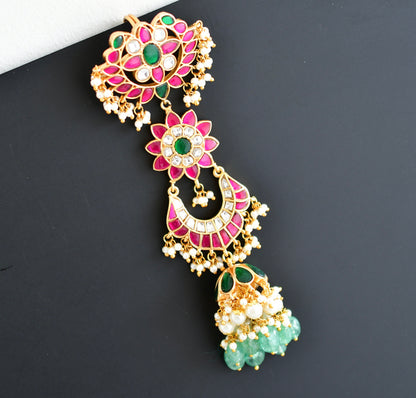 Gold tone pink-green kundan jadau flower hair jewel dj-52378