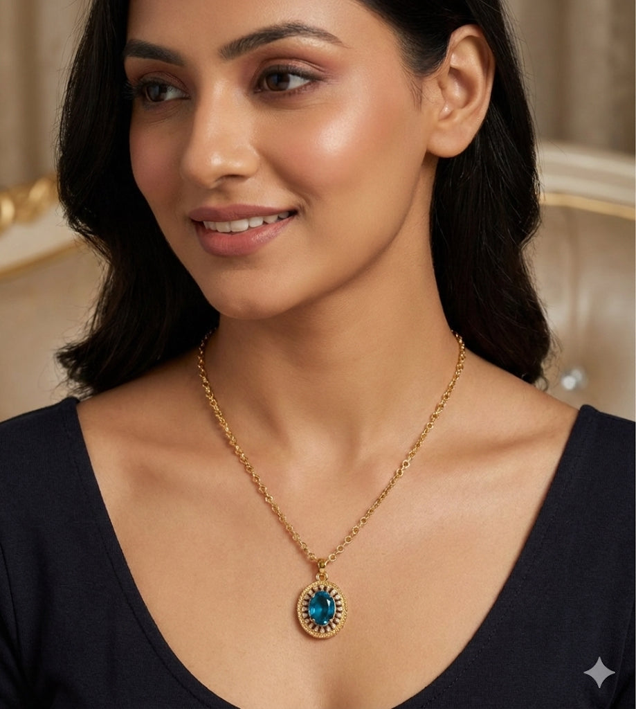 Gold tone 18 inches chain with french blue oval stone pendant dj-51272