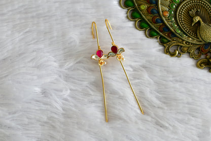 Gold tone pink-white kundan jadau flower bugadi needle earrings dj-52454