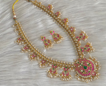 Antique gold tone peacock kundan jadau rice pearl haar set dj-54154