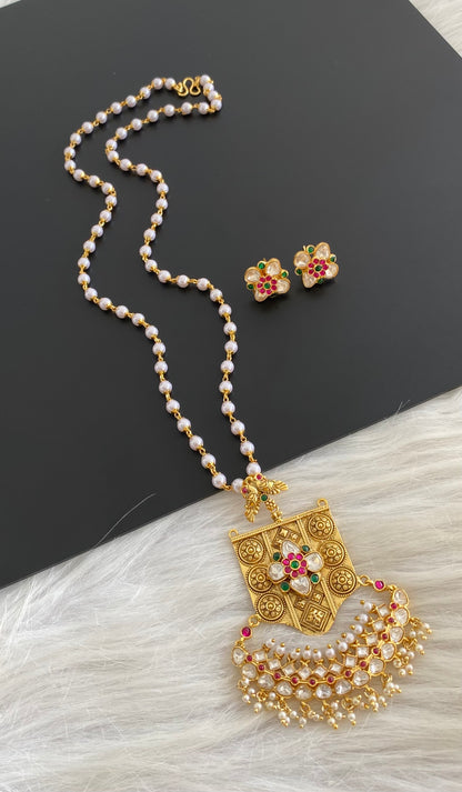 Antique gold tone Kundan jadau pearl chain with pendant set dj-53856