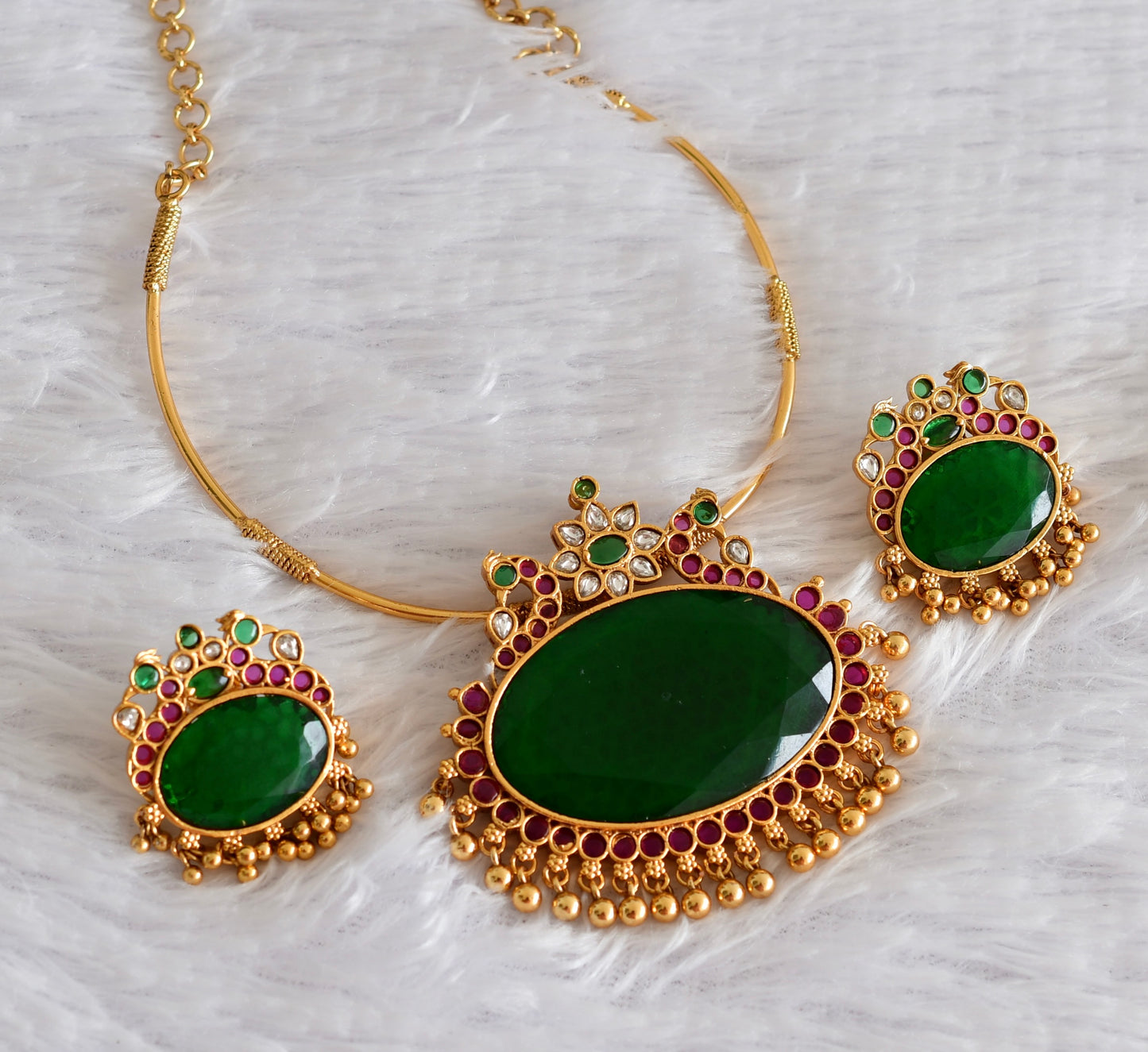 Matte finish peacock big green oval stone pendant hasli necklace set dj-51224