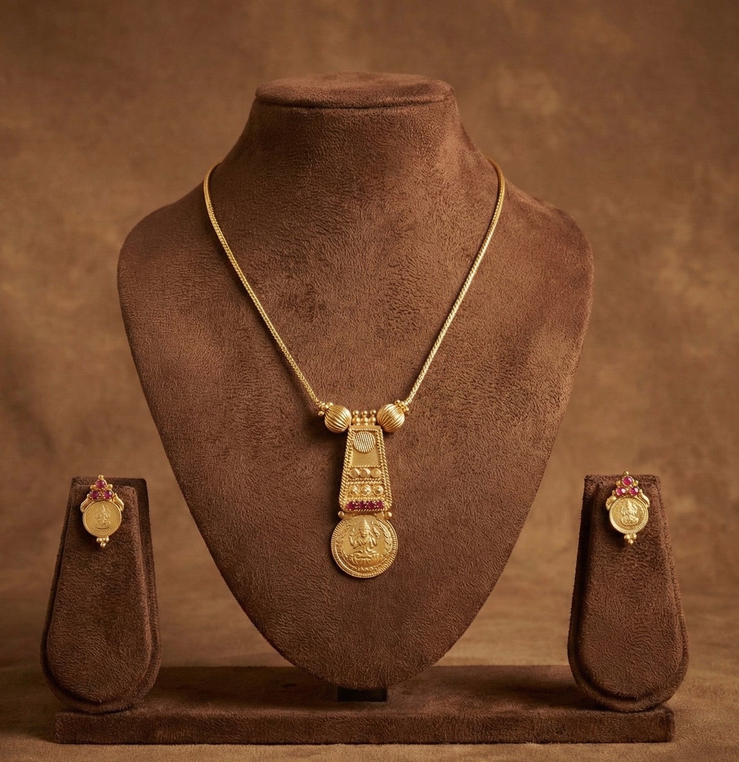 Gold tone kerala style ruby lakshmi coin necklace set dj-52687