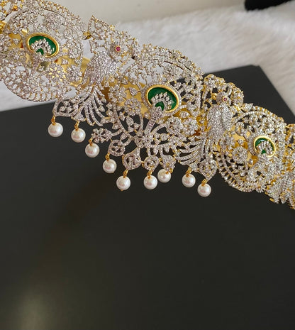 Two tone cz ruby-white-green pearl waist band dj-53524