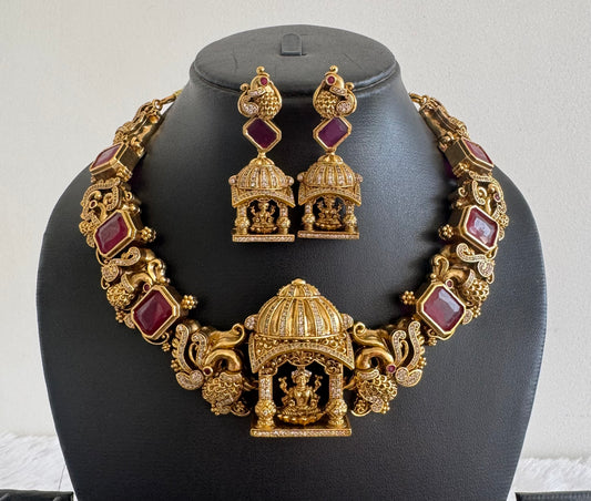 Matte finish ruby-white lakshmi peacock nakshi necklace set dj-52145