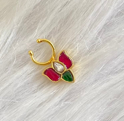 Gold tone kundan jadau pink-green-white stone lotus nose pin/bulakku dj-53735
