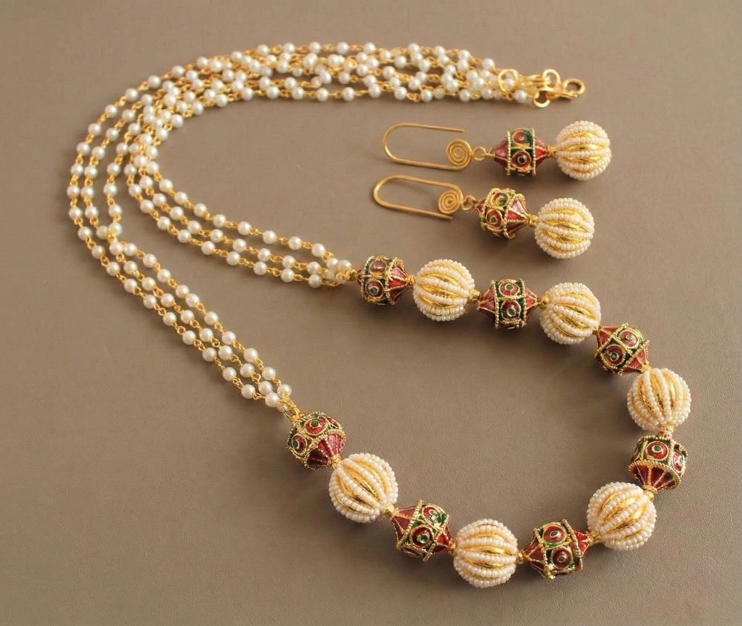 Gold tone pearl meenakari beaded necklace set-dj15144