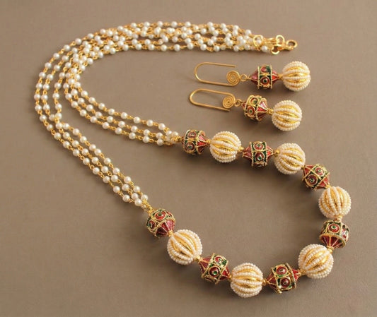 Gold tone pearl meenakari beaded necklace set-dj15144