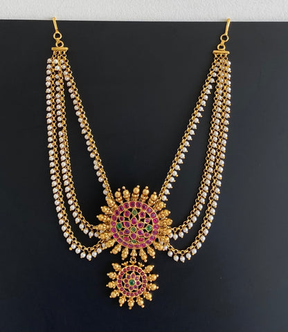 Antique gold tone kemp-green pearl hair jewel dj-53641