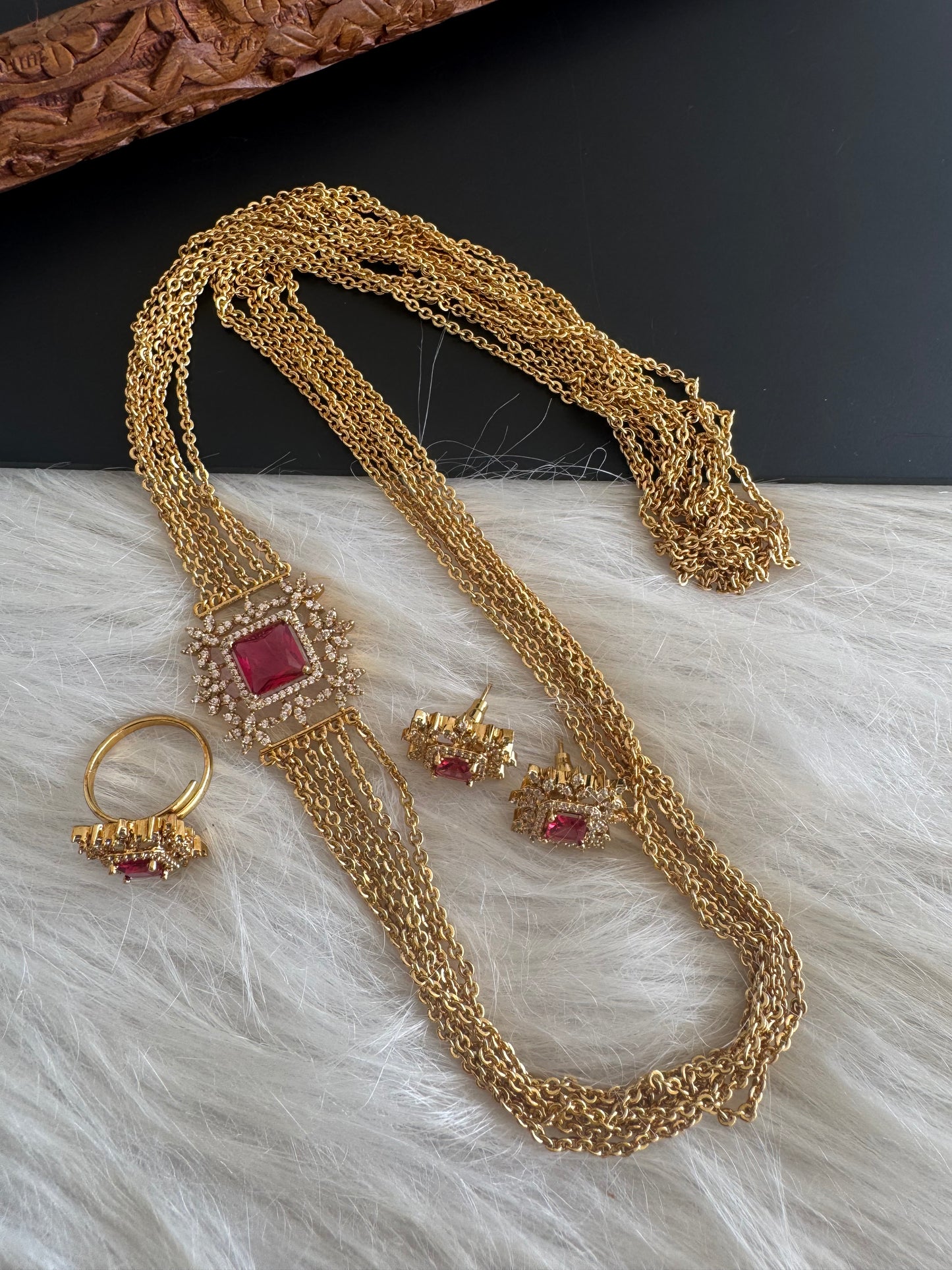Matte finish cz red block stone mugappu chandra haar set dj-51244