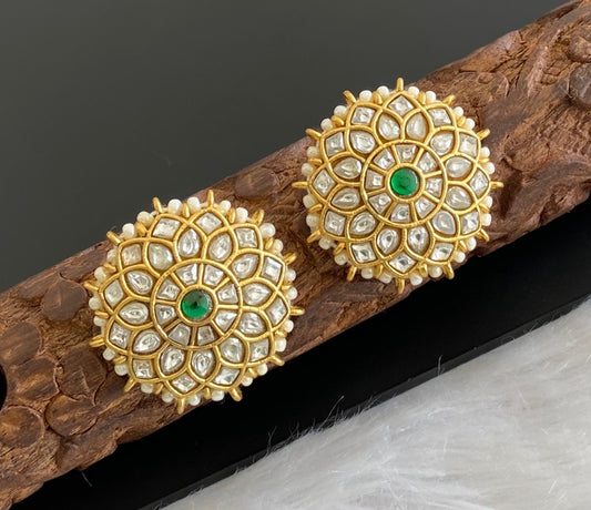 Gold tone white-green pearl kundan jadau flower stud/earrings dj-53552