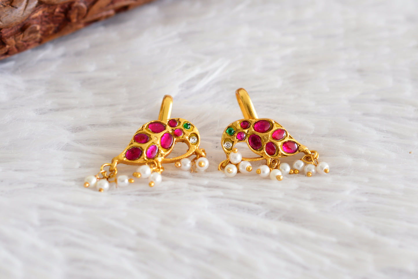 Gold tone pink-green-white kundan jadau peacock bugadi earrings dj-52477