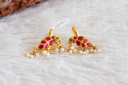 Gold tone pink-green-white kundan jadau peacock bugadi earrings dj-52477