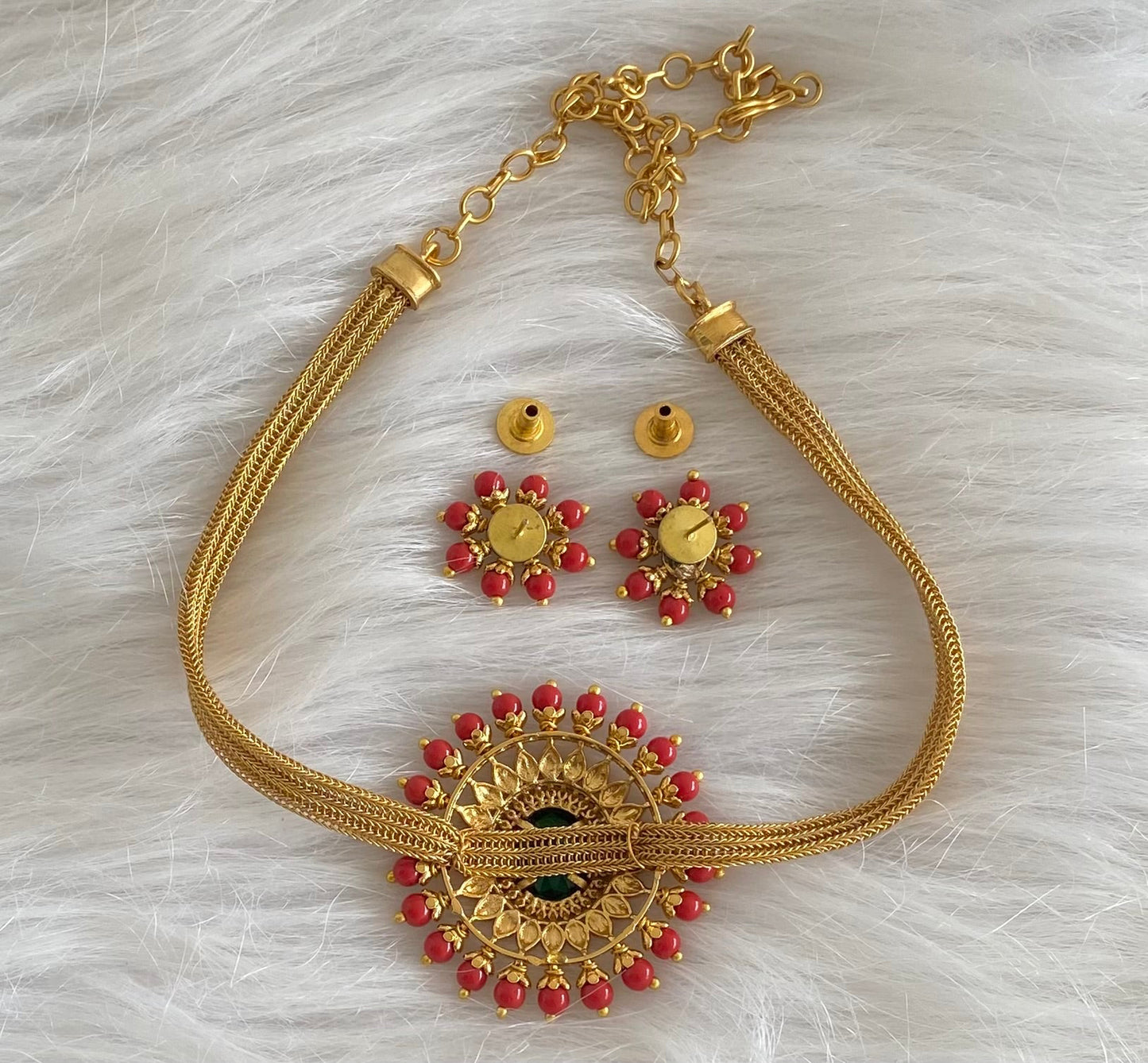 Matte finish coral-green oval necklace set dj-47774