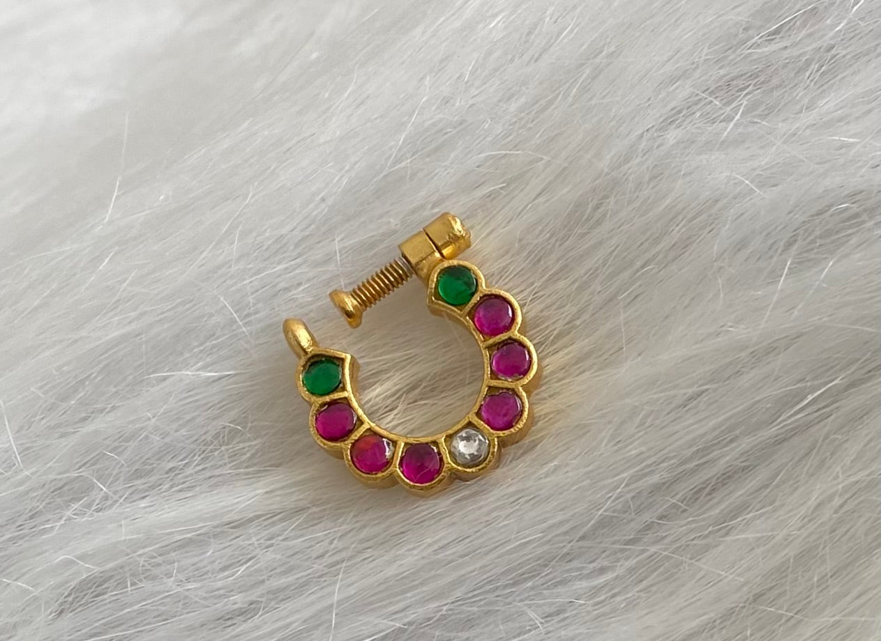 Gold tone kundan jadau pink-green-white stone nose pin dj-53721