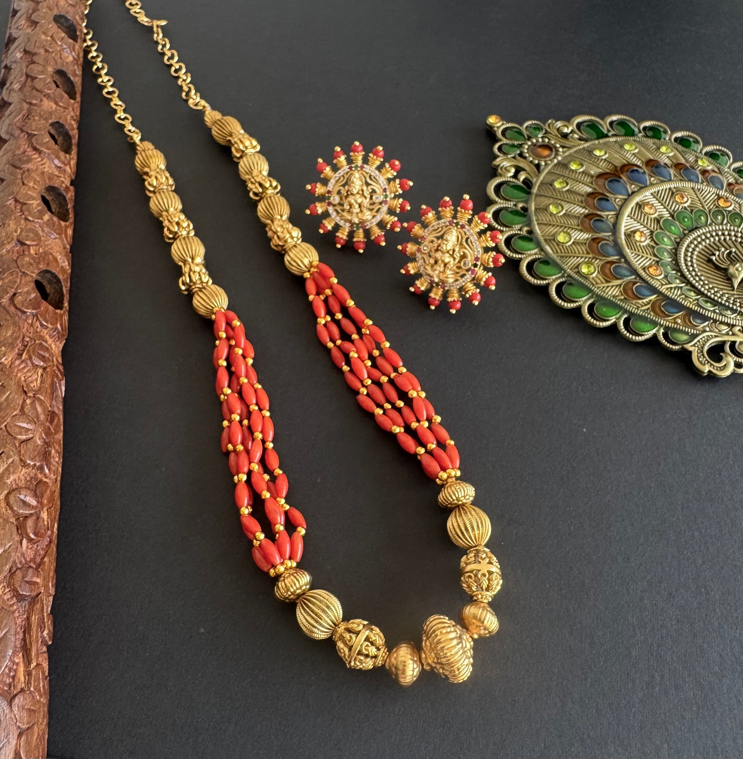 Matte finish coral beaded lakshmi necklace set dj-52083