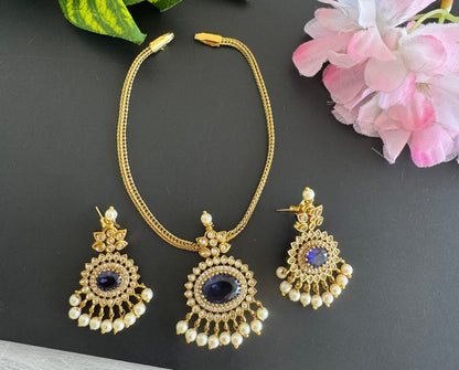 Antique gold tone cz purple oval stone necklace set dj-51203