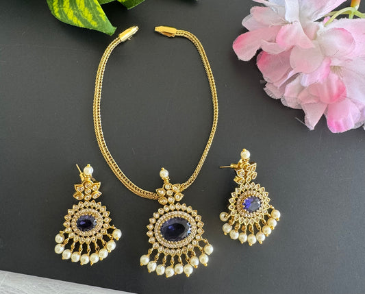 Antique gold tone cz purple oval stone necklace set dj-51203