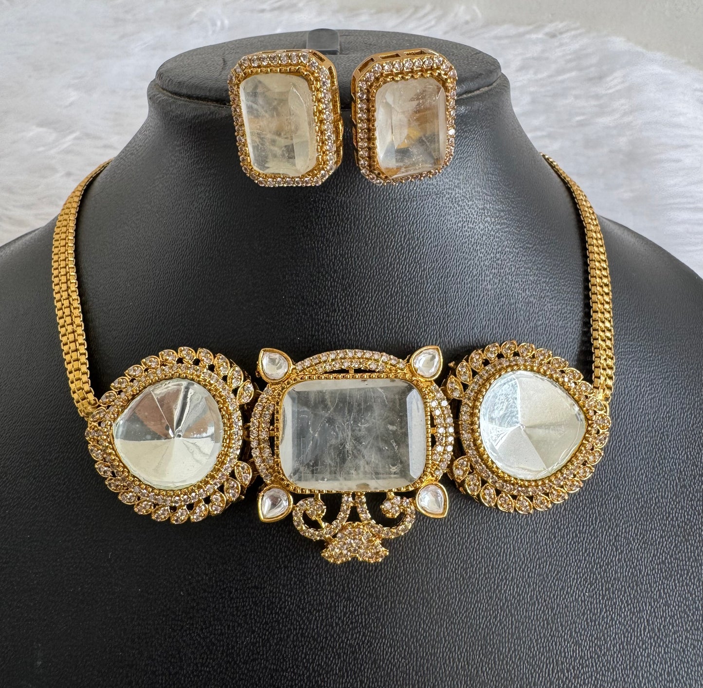Antique gold tone cz big stone white choker necklace set dj-51087