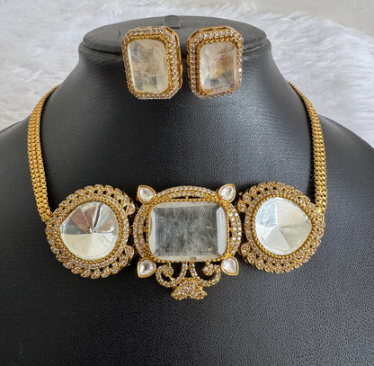 Antique gold tone cz big stone white choker necklace set dj-51087