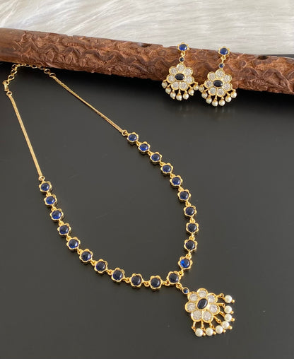 Gold tone blue-white stone pearl necklace set dj-54236