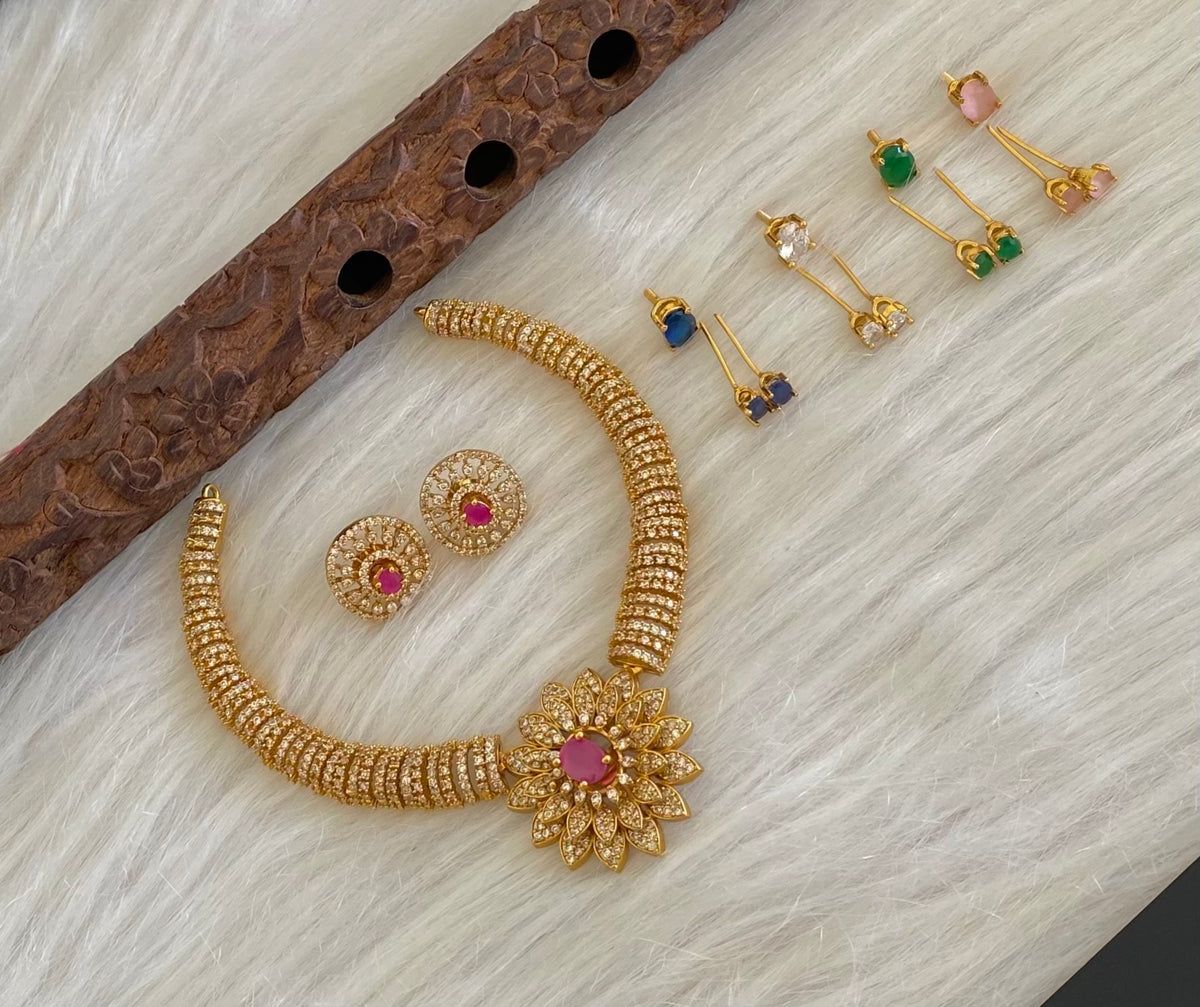 Antique gold tone cz white colour changeable flower necklace set dj-54752