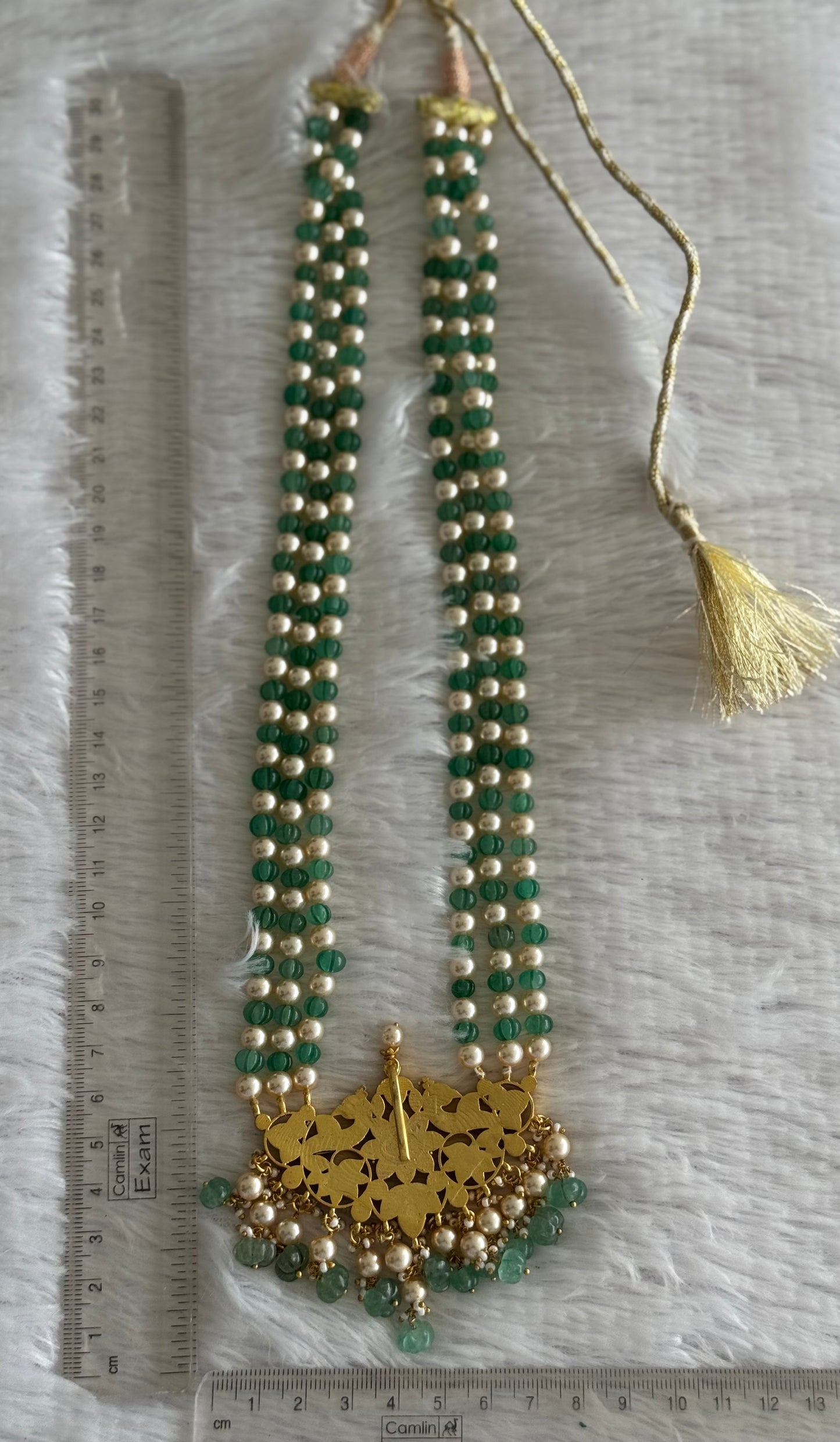 Matte finish pink-green-white kunan jadau agate peacock beaded short haar dj-51552