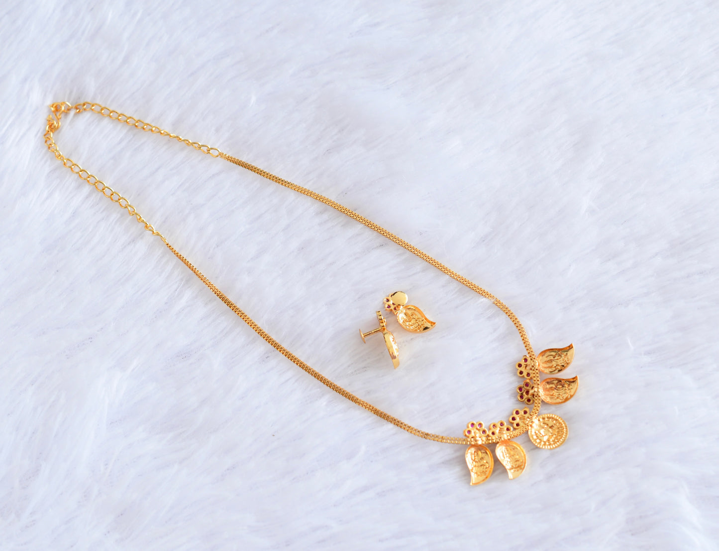 Gold tone pink stone mango lakshmi coin necklace set dj-53043