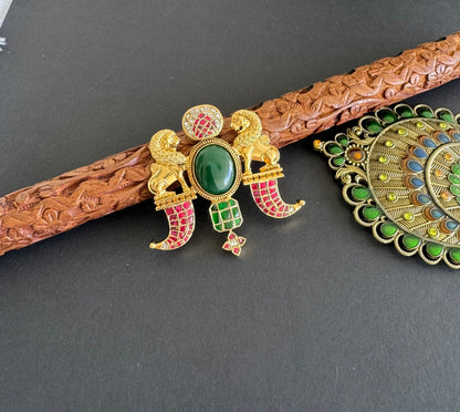 Antique gold tone pink-green-white kundan jadau Simha pendant dj-51589