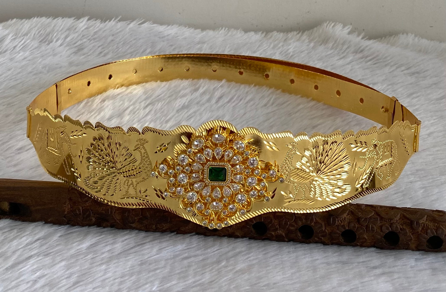Gold tone white green stone elephant peacock design adjustable waist belt dj-53464