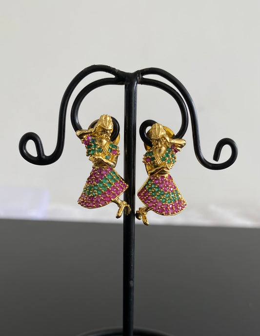 Gold tone cz ruby-green dancing doll earrings dj-30223
