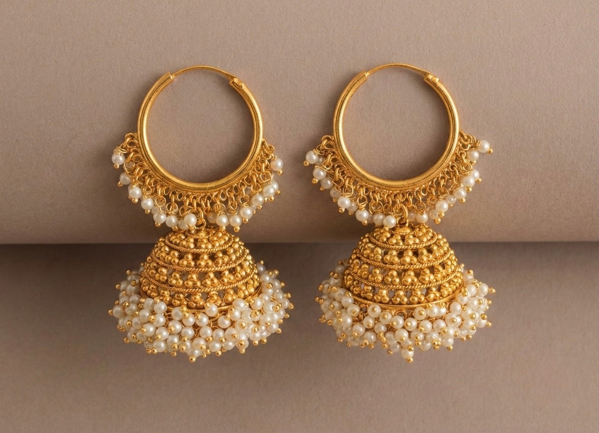 Antique gold tone pearl cluster hoop jhumkka-dj07090