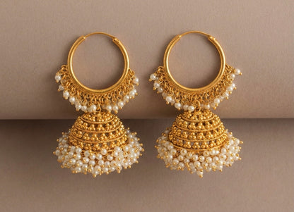 Antique gold tone pearl cluster hoop jhumkka-dj07090