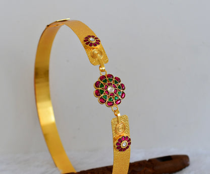Gold tone pink-green-white kundan jadau flower mango waist band dj-52178