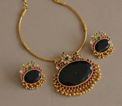 Matte finish peacock big blue oval stone pendant hasli necklace set dj-51225