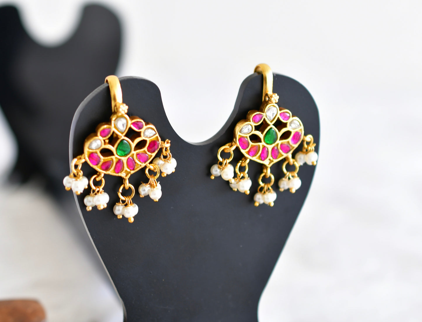 Gold tone pink-green-white kundan jadau bugadi earrings dj-52475