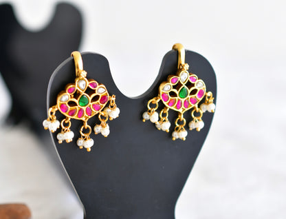 Gold tone pink-green-white kundan jadau bugadi earrings dj-52475