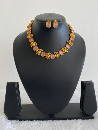 Matte Finish Baby Pink Block Stone Swan Necklace Set DJ33115