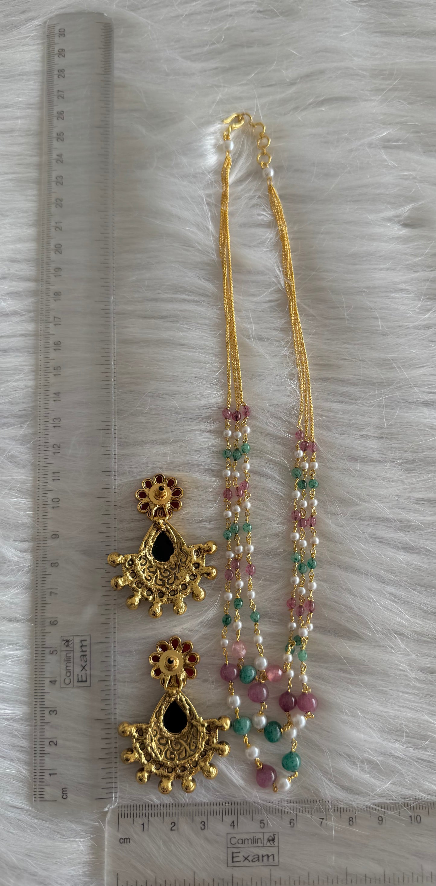 Gold tone pink-green pearl beaded multi layer necklace set dj-51332